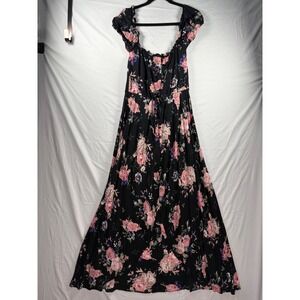 Auguste the Label Black Floral Rayon Maxi Dress Short Puff Sleeve Button Front 6